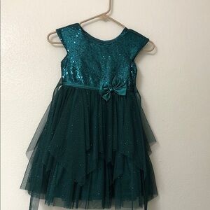 Girls Teal Sequin Tulle Party Dress with Waist Bow